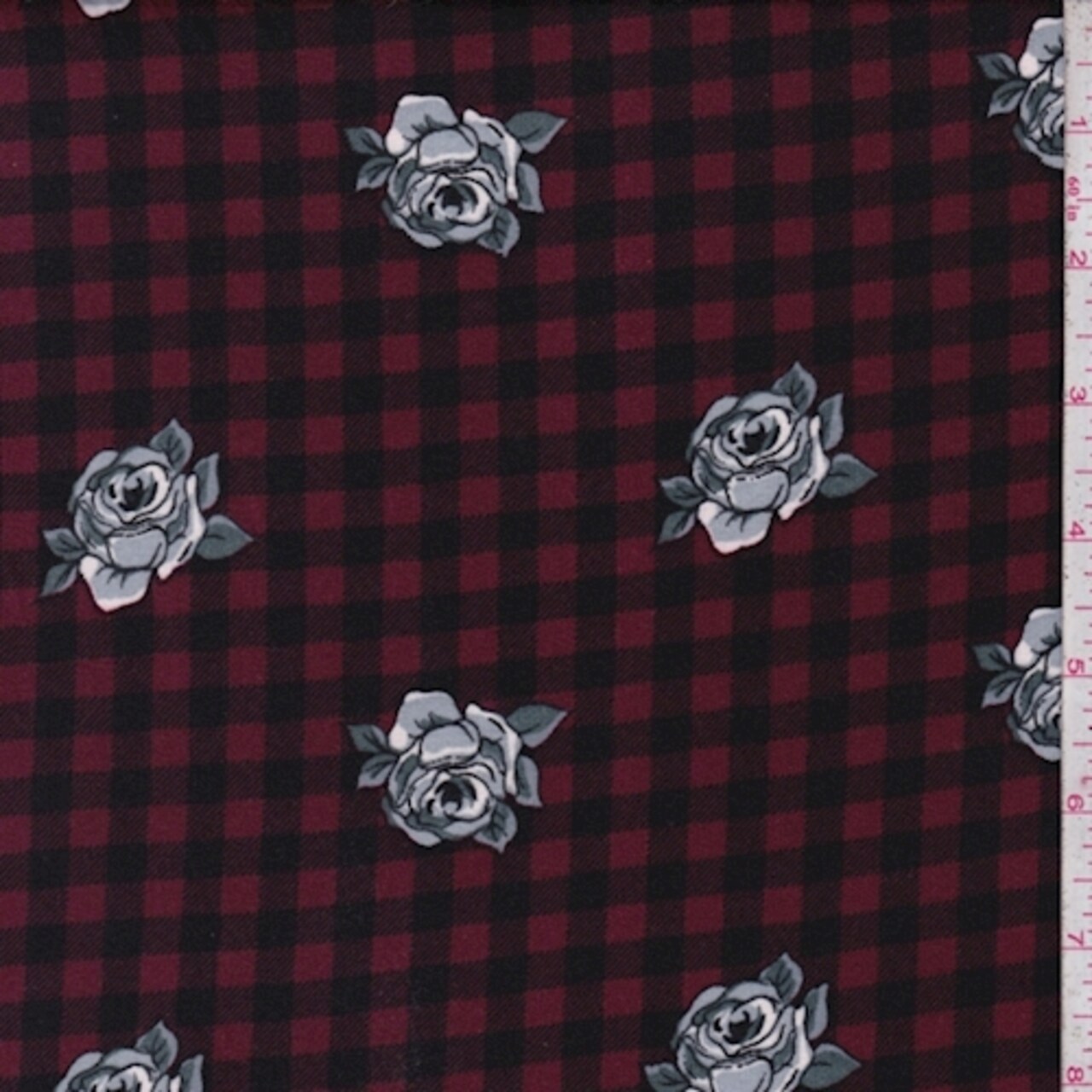 Black/Mulberry/Grey Check Floral Double Brushed Jersey Knit Fabric By the Yard